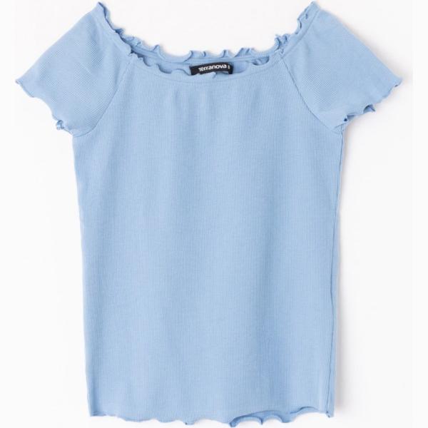 T-shirt a coste con spalle scoperte a maniche corte tinta unita Terranova blu tinta unita
