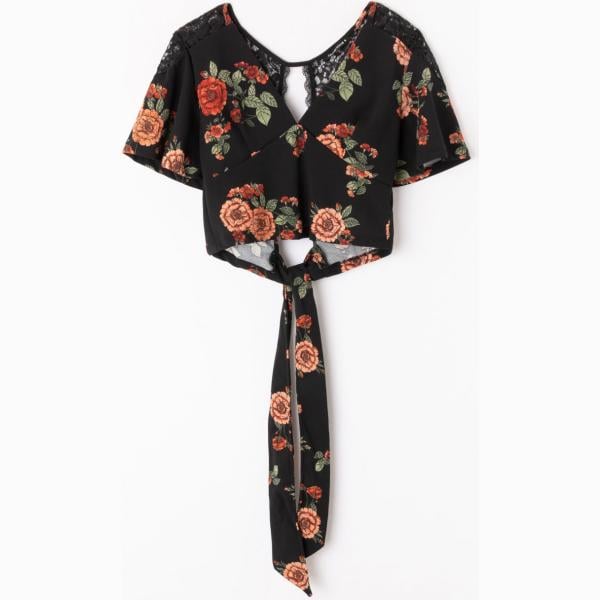 Blusa con pizzo fantasia scollo profondo a maniche corte crop con nodi nero Terranova nero a fiori