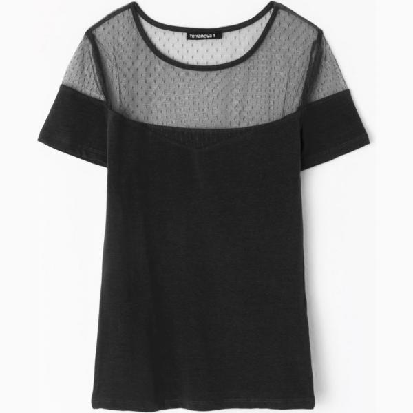 T-shirt girocollo a maniche corte in tulle nero Terranova nero