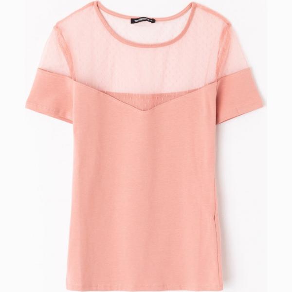 T-shirt girocollo a maniche corte in tulle rosa Terranova rosa