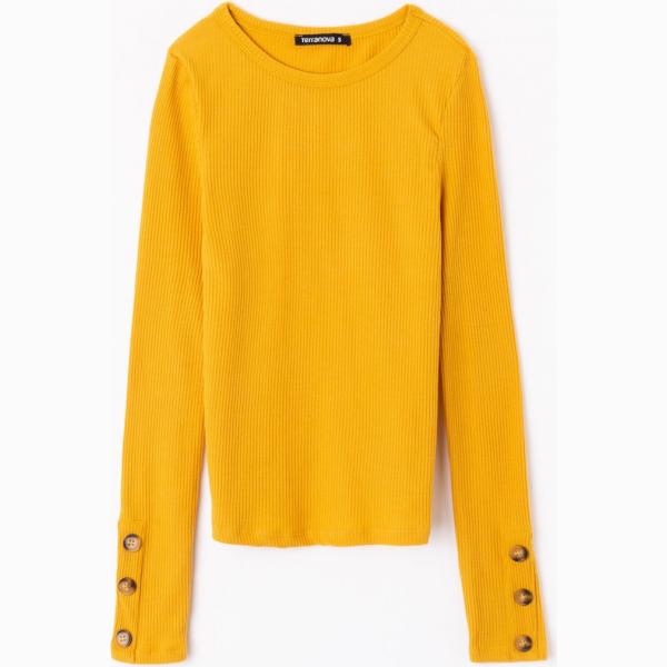 T-shirt a coste girocollo a maniche lunghe con bottoni giallo Terranova giallo tinta unita