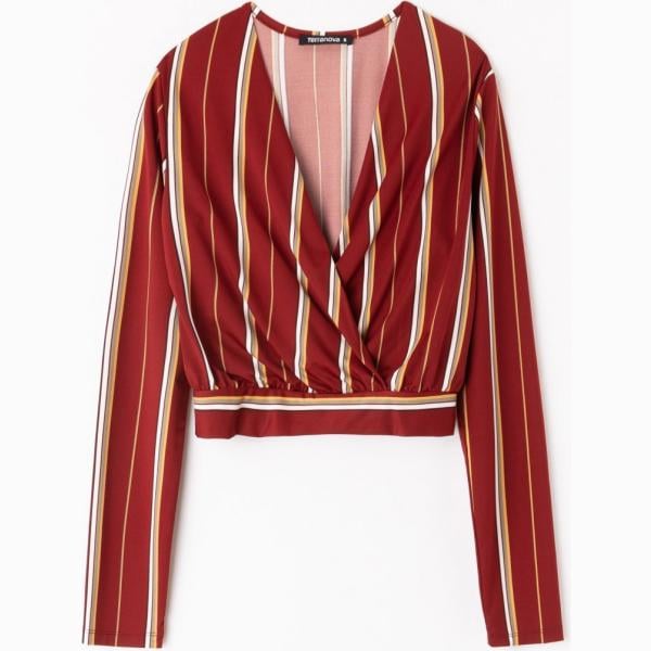 Blusa a righe con scollo a maniche lunghe crop Terranova rosso a righe