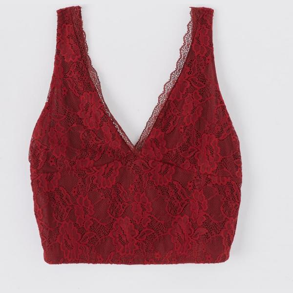 Top con pizzo scollo profondo crop tinta unita bordeaux Terranova viola tinta unita