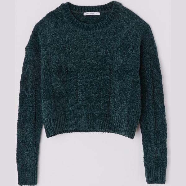 Maglia a trecce crop in ciniglia verde Terranova verde tinta unita