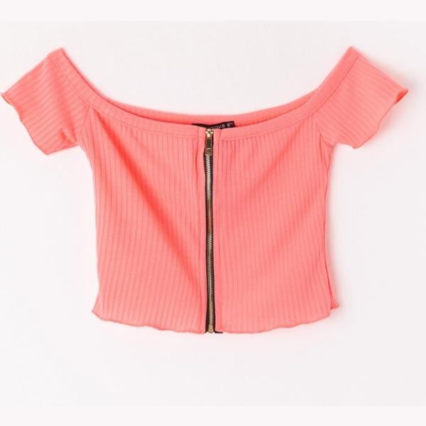 Top a coste con spalle scoperte crop con zip rosa Terranova rosa
