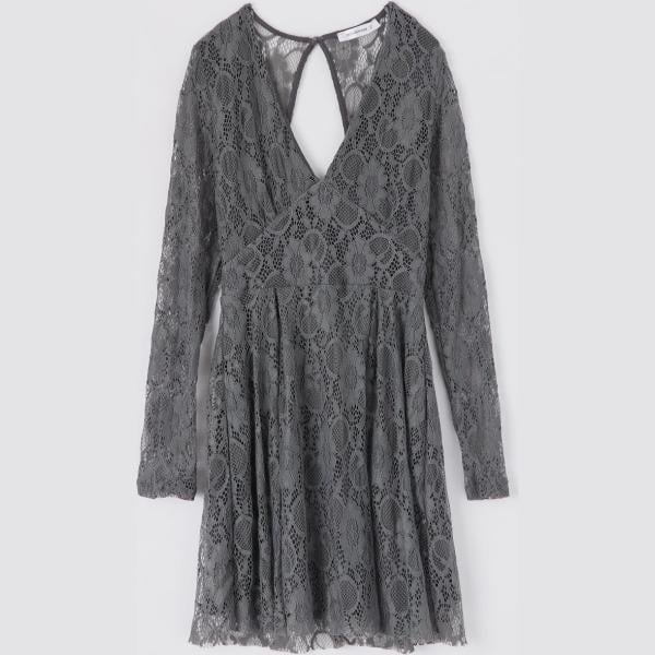 Vestito forma svasata con pizzo e scollo a maniche lunghe tinta unita grigio Terranova grigio tinta unita