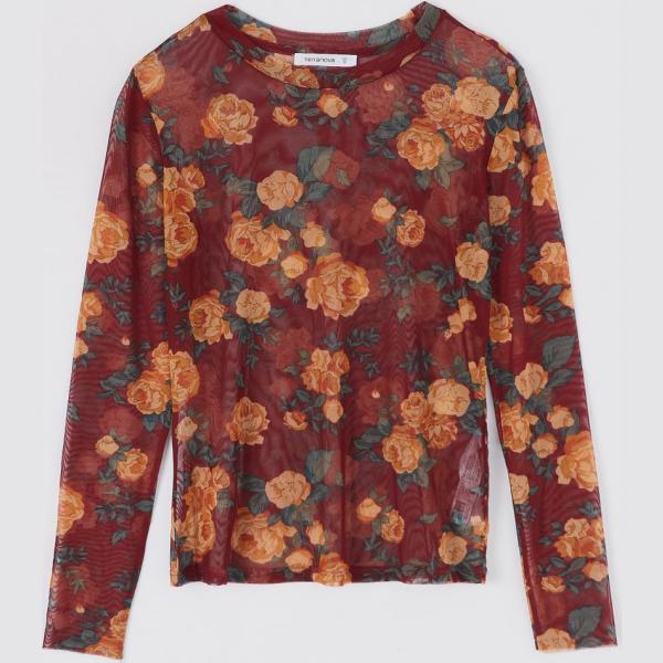 T-shirt fantasia floreale girocollo a maniche lunghe in tulle bordeaux Terranova viola a fiori