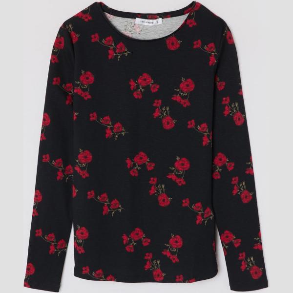 T-shirt fantasia floreale girocollo a maniche lunghe nero Terranova nero a fiori