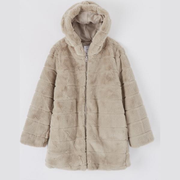 Ecopelliccia lunga con cappuccio e zip tinta unita beige Terranova tinta unita