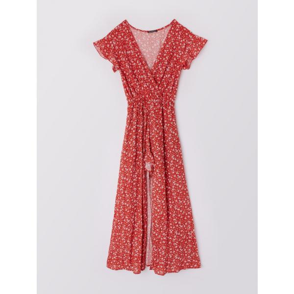 Vestito lungo con spacco fantasia floreale scollo profondo a maniche corte rosso Terranova rosso a fiori