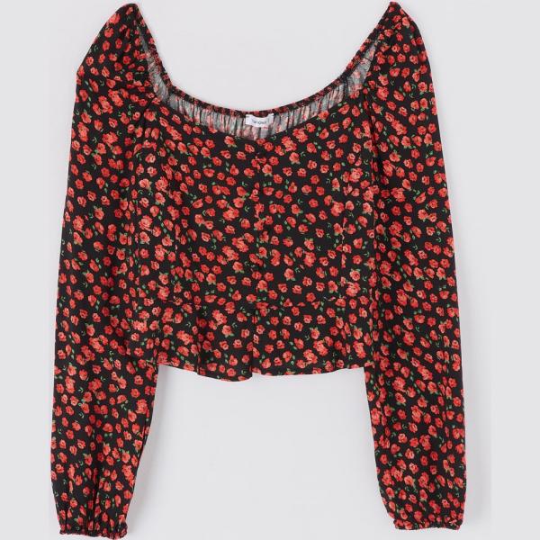 Blusa fantasia floreale con tacco squadrato e scollo a maniche lunghe crop con bottoni nero Terranova nero a fiori