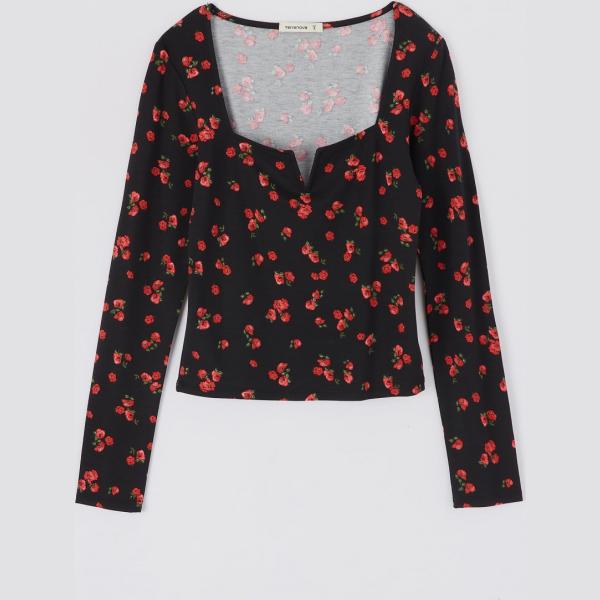 T-shirt con ferretto fantasia floreale con tacco squadrato e scollo a maniche lunghe nero Terranova nero a fiori