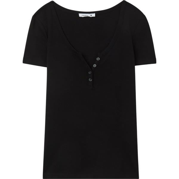 T-shirt da donna in nero pece collo a v a maniche corte in cotone Terranova