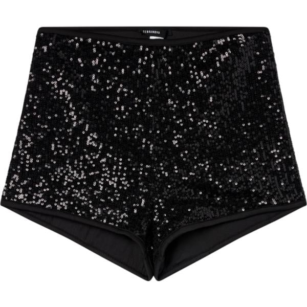 shorts da donna in nero pece con paillettes corto a vita alta in poliestere Terranova