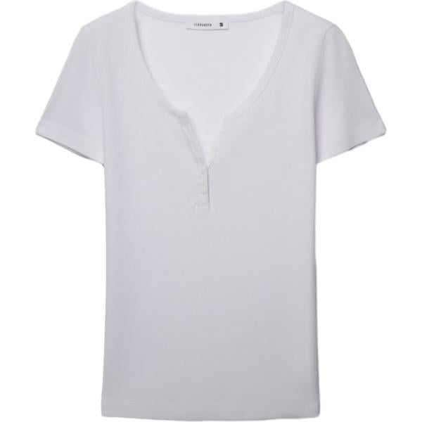 T-shirt da donna in bianco neve con scollo corto a maniche corte con bottoni in cotone Terranova Terranova