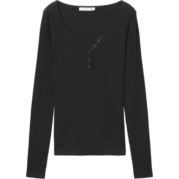 t-shirt da donna in nero pece con scollo corto a maniche lunghe con bottoni in cotone Terranova