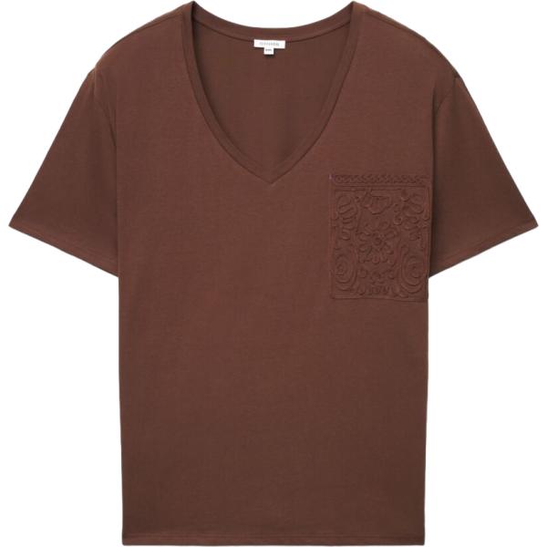 T-shirt da donna in marrone scuro collo a v a maniche corte in cotone Terranova