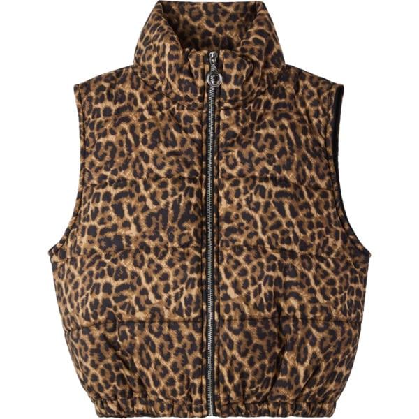 Piumino da donna in marrone scuro animalier collo alto senza maniche con zip Terranova