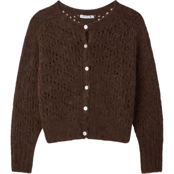Cardigan da donna in marrone scuro girocollo a maniche lunghe con bottoni in lana alpaca Terranova
