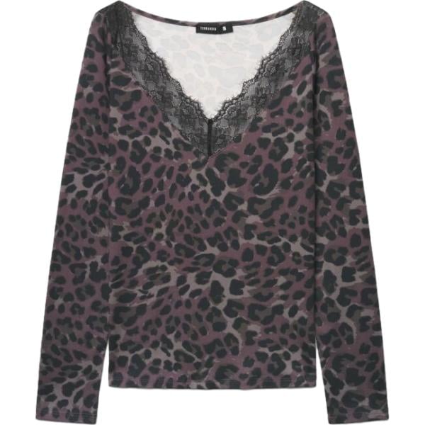T-shirt da donna in grigio scuro animalier con pizzo collo a v a maniche lunghe Terranova Terranova