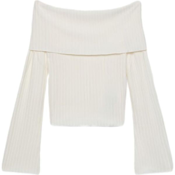 T-shirt da donna in bianco avorio con scollo a maniche lunghe in viscosa Terranova