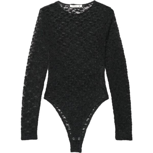 Corpo da donna in nero pece a fiori con pizzo con scollo a maniche lunghe a vita alta con bottoni in poliestere Terranova