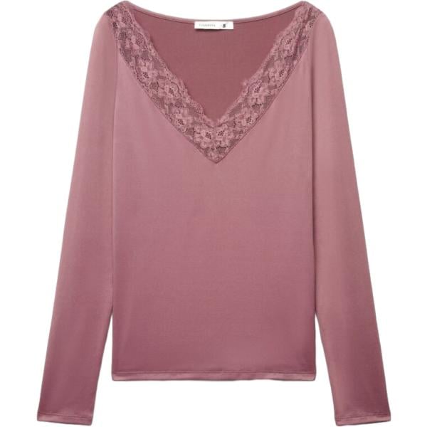 T-shirt da donna in viola scuro con pizzo collo a v a maniche lunghe Terranova