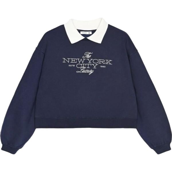 Felpa da donna in blu scuro con stampe collo senza cappuccio a maniche lunghe a vita alta con zip Terranova