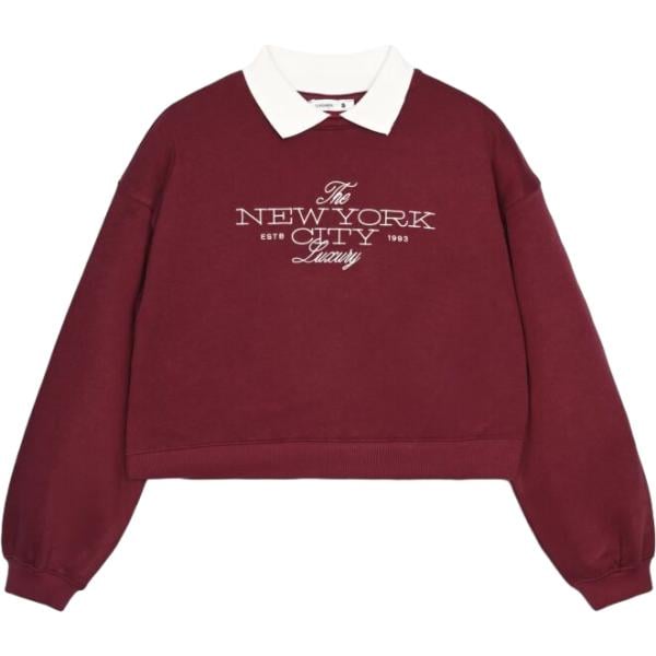 Felpa da donna in bordeaux con stampe collo senza cappuccio a maniche lunghe a vita alta con zip Terranova