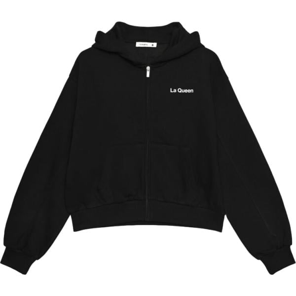 Felpa con cappuccio da donna in nero pece con stampe collo con cappuccio a maniche lunghe con zip Terranova