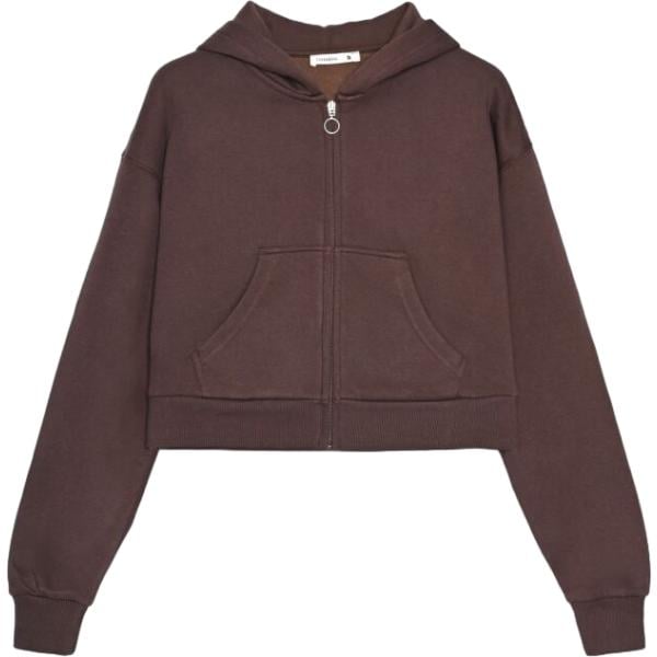 Felpa con cappuccio da donna in marrone scuro collo con cappuccio a maniche lunghe a vita alta con zip Terranova