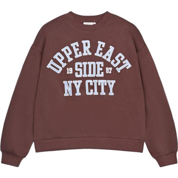 Felpa da donna in marrone scuro con stampe collo senza cappuccio a maniche lunghe con zip in cotone Terranova
