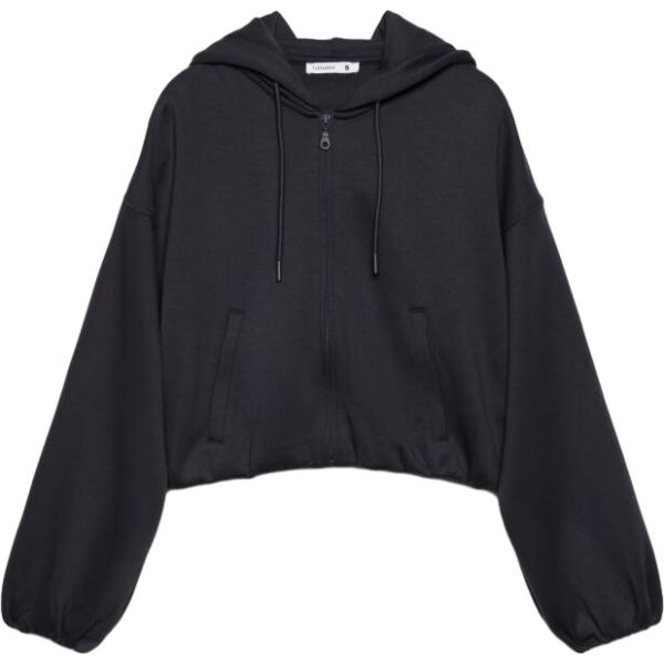 Felpa con cappuccio da donna in nero pece collo con cappuccio corto con zip in viscosa Terranova