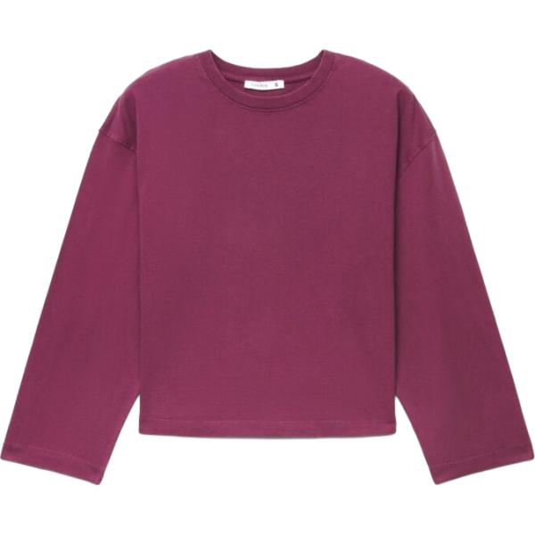 T-shirt da donna boxy in viola scuro girocollo a maniche lunghe in cotone Terranova