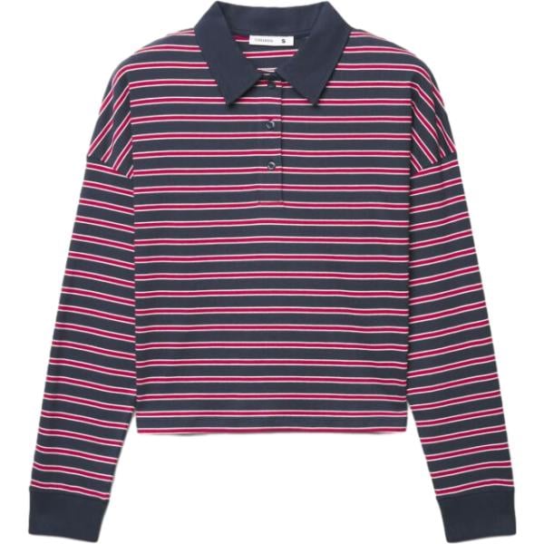 Polo da donna in blu scuro a righe a maniche lunghe in cotone Terranova