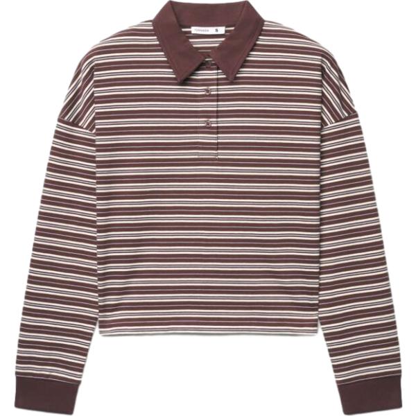 Polo da donna in marrone scuro a righe a maniche lunghe in cotone Terranova