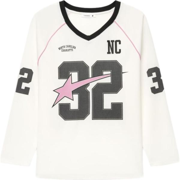 T-shirt sportiva da donna in bianco neve con stampe collo a v maxi a maniche lunghe Terranova