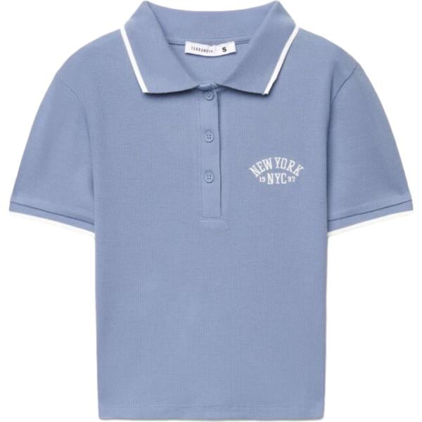 Polo da donna in azzurro con stampe collo a polo a maniche corte con bottoni in cotone Terranova