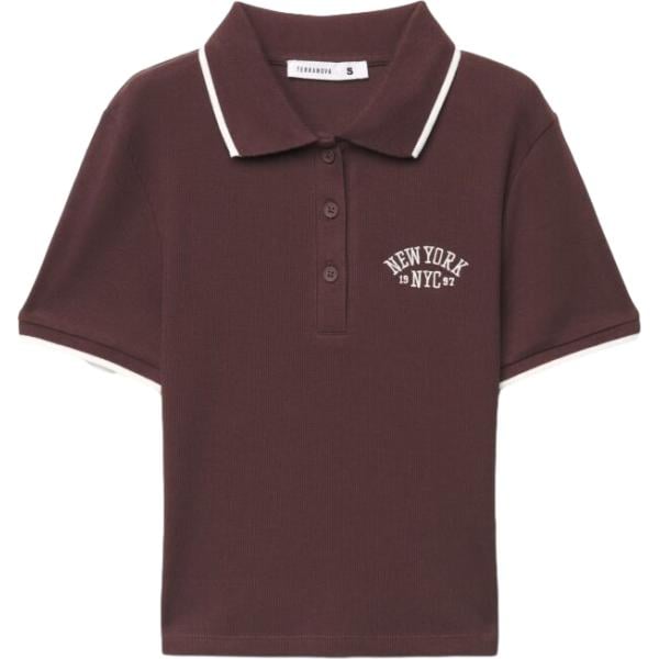 Polo da donna in marrone scuro con stampe collo a polo a maniche corte con bottoni in cotone Terranova