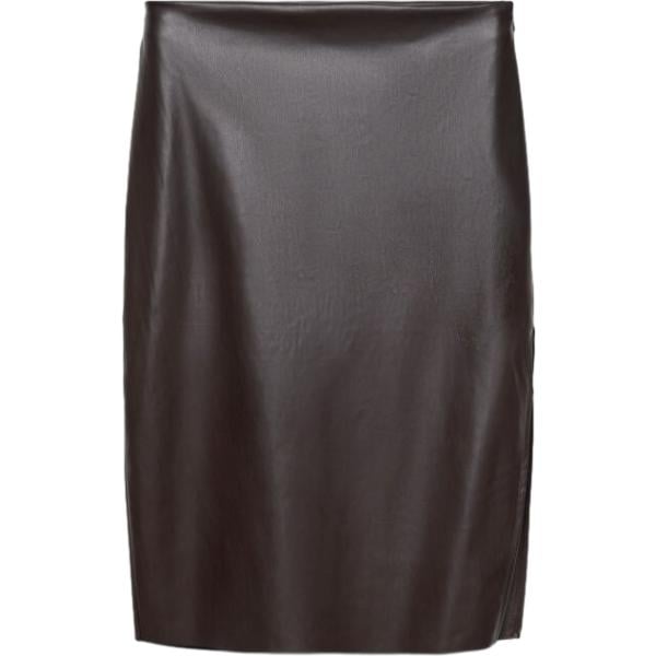 Gonna longuette da donna in marrone scuro con spacco a vita alta con zip in ecopelle Terranova Terranova