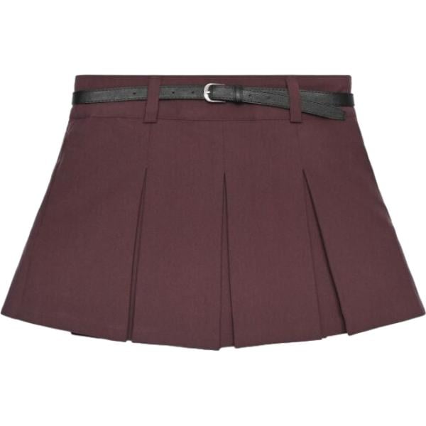 Minigonna da donna in marrone scuro plissè corto a vita alta con cintura in viscosa Terranova