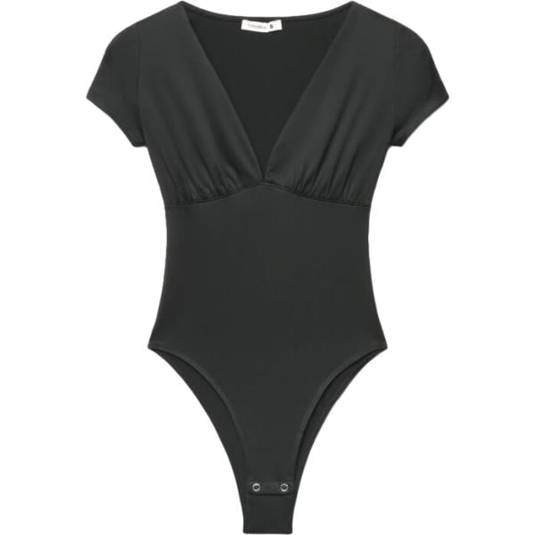 Corpo da donna in nero pece collo a v a maniche corte con bottoni in poliestere Terranova