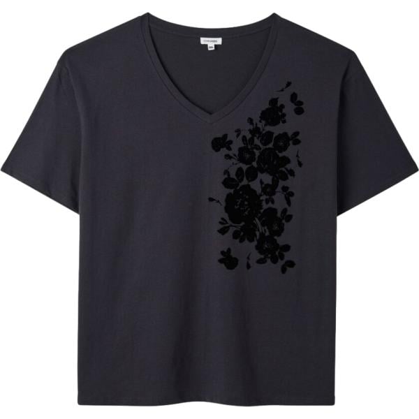 T-shirt da donna in grigio scuro con stampe collo a v a maniche corte in cotone Terranova Terranova