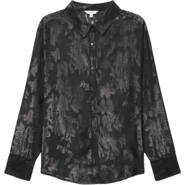 Camicia da donna in nero pece a fiori collo classico a maniche lunghe con bottoni Terranova