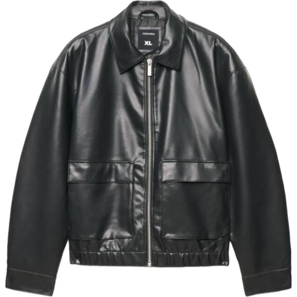 Giacca soprabito da uomo boxy in nero pece collo camicia a maniche lunghe con zip Terranova