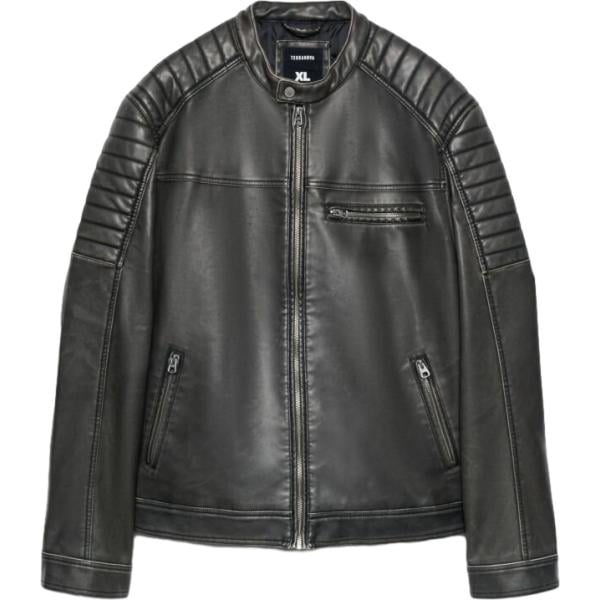 Giacca soprabito da uomo biker in nero pece a maniche lunghe con zip Terranova