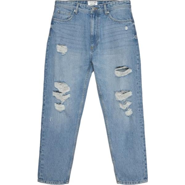 Jeans strappati da uomo in azzurro effetto strappato cinque tasche con zip in denim Terranova