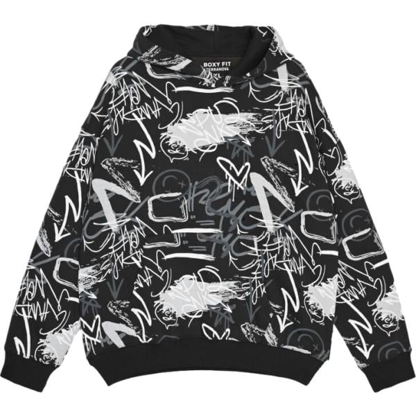 Felpa con cappuccio da uomo in nero pece con stampe collo con cappuccio con zip Terranova