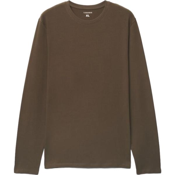 T-shirt da uomo in verde oliva girocollo a maniche lunghe in cotone Terranova