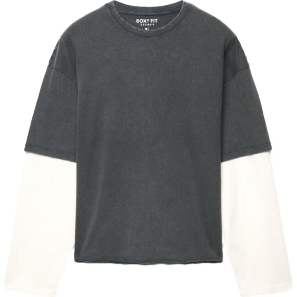 T-shirt da uomo boxy in grigio scuro girocollo a maniche lunghe in cotone Terranova